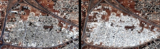 Stejná čtvrť ve městě Hamá v září 2012 (vlevo) a v říjnu 2013.