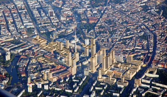 Východní Berlín se mění k nepoznání. Na snímku představy budoucích mrakodrapů v centru města.