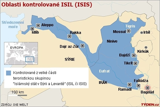 Mapa - oblasti pod vládou ISIL.