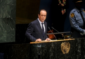 Francouzský prezident Françoise Hollande na zasedání Rady bezpečnosti OSN.