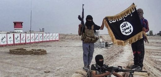 Bojovníci IS s vlajkou organizace.