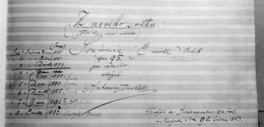 Titulní list rukopisné partitury symfonie e moll Z Nového světa skladatele Antonína Dvořáka.