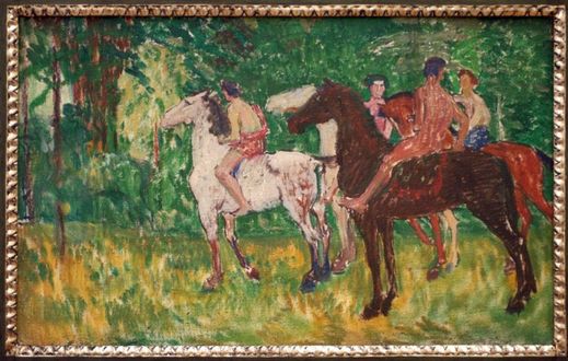 Obraz na plátně Jana Preislera s názvem Jezdci v lese vznikl v roce 1904 při jeho přípravách na stěžejní dílo Černé jezero.