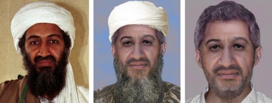 Bin Ládin v roce 1998 a dva digitální snímky, jak nyní zřejmě vypadá.