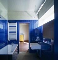 Koupelnu zdobí obklad z jednoduchých modrých dlaždic.