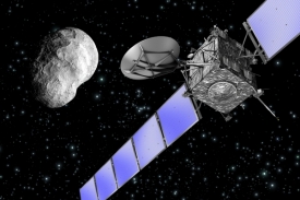 Vizualizace setkání Rosetty s asteroidem Steins.