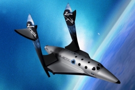 SpaceShipTwo ve vrcholné fázi svého skoku do vesmíru.