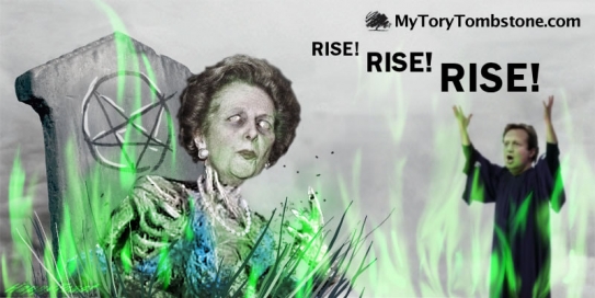 Vyvolávání zombie Thatcherové. Parodie na kampaň proti dědické dani.