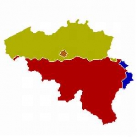 Vlámská (žlutá), franc. (červená) a německá (modrá) jazyková oblast.