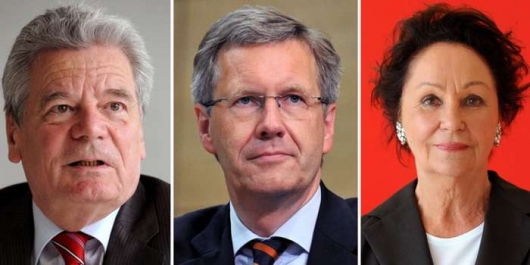 Kandidáti na prezidenta Gauck, Wulf a Jochimsenová.