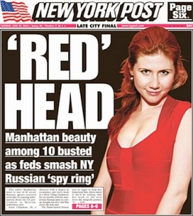 Titulní strana New York Postu referuje o zatčení 'rudovlasé krasavice'