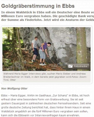 Článek o hledání peněz v Tiroler Tageszeitung.