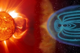 Ionizovaný plyn ze Slunce reaguje s magnetickým polem Země.