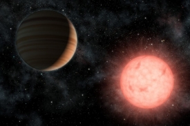 Horký Jupiter a jeho mateřská hvězda v představách malíře.