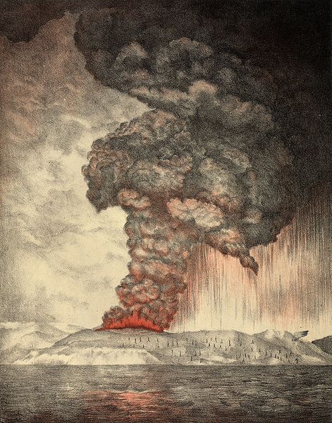 Výbuch sopky Krakatoa. Litografie z roku 1888.