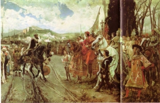 Boabdil předává Granadu, poslední pevnost Maurů, španělskému královskému páru.