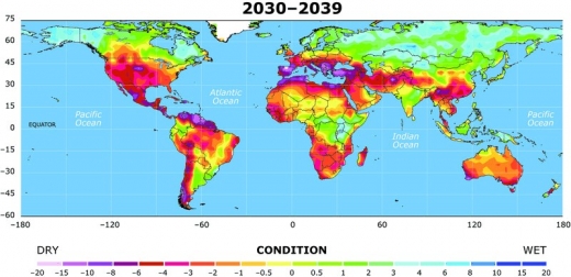 Výsledky modelu pro roky 2030-2039. Oranžové až fialové oblasti mají trpět suchem.