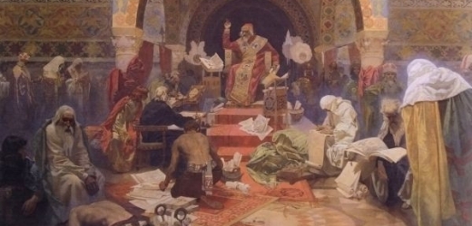 Muchovo plátno Car Simeon bulharský bylo prvním z dvaceti obrazů Slovanské epopeje, které začali zástupci Prahy v Moravském Krumlově balit.