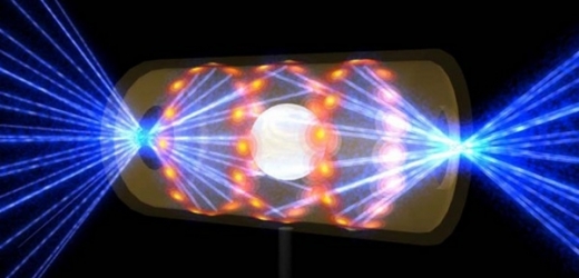 Lasery zahřejí a stlačí kapsli s vodíkem, aby v ní vyvolaly termojadernou fúzi.