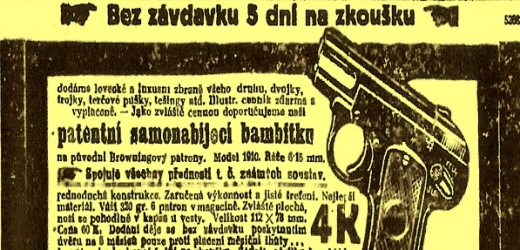 Inzerát z 5. listopadu 1910. Zbraň si mohl koupit každý, zbrojní průkaz nepotřeboval.