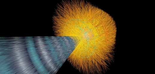 Simulace srážky jader atomů olova v detektoru ALICE, který je součástí LHC.