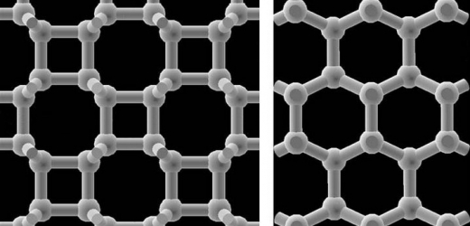 Nový materiál při pohledu shora (vlevo) a ze strany (vpravo). Čtveřice pevně vázaných atomů jsou propojeny šikmými vazbami s další vrstvou čtverců.