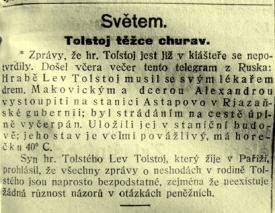 Zpráva o útěku L. N. Tolstého pronikla i do Ostravy. Článek v Ostravském deníku.