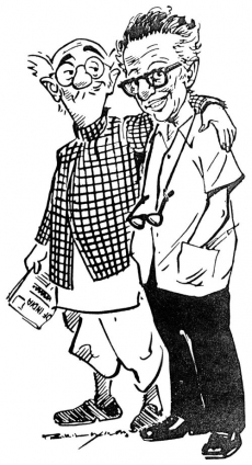 R. K. Laxmanův autoportrét (vpravo) se známou figurkou Obyčejného člověka, který komentuje dění v Times of India.