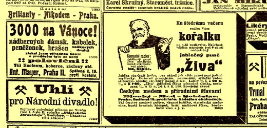 Vánoční inzerce v Národní politice, 22. prosince 1910, ze sbírky Národní knihovny v Praze.    