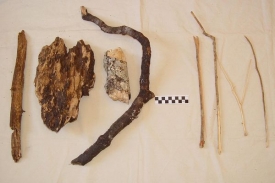 Klacíky a kousky dřeva, které šimpanzi používají při hře.