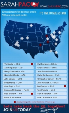 Mapka Sarah Palinové s problematickými demokraty.
