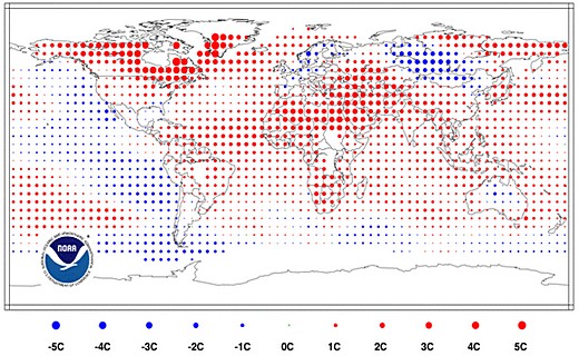 Loňské odchylky od průměrné teploty - červeně teplejší oblasti, modře chladnější.