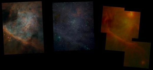 Srovnání snímků z Hubbleova teleskopu (vlevo), Evropské jižní observatoře (uprostřed) a teleskopu SOFIA (vpravo).