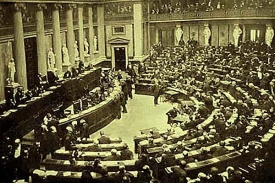 Zasedání sněmovny rakouské části Rakouska-Uherska.