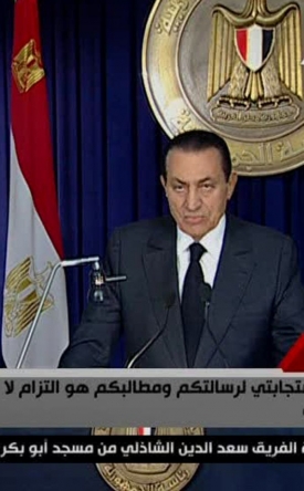 Prezident Husní Mubarak při projevu ve státní televizi.