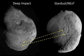 Kometa Tempel 1 zachycená sondami Deep Impact (vlevo) a Stardust (vpravo).