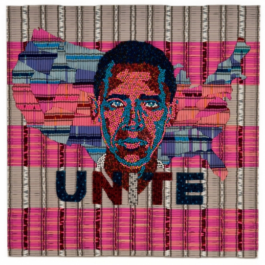 Portrét amerického prezidenta Baracka Obamy na pozadí mapy USA.