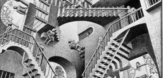 Escherovo dílo s názvem Relativita.