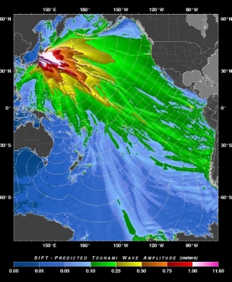 Šíření vlny tsunami v Pacifiku.