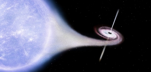 Umělecká představa černé díry Cygnus X-1, která pohlcuje sousední hvězdu. 