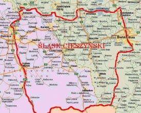 Těšínsko v dnešní podobě, rozdělené na polskou a českou část.