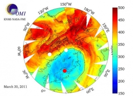 Pokles koncentrace ozonu nad Arktidou během uplynulé zimy.