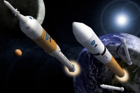 NASA zastavila vývoj raket Ares I a V (na obr.) i kosmické lodi Orion. Spoléhá na soukromníky.