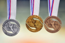 Kompletní sada medailí pro MS v hokeji 2011.