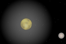 Umělecká představa atmosféry Pluta. Vpravo dole je měsíc Charon.