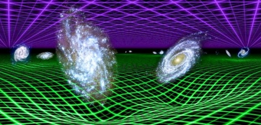 Univerzálně působící temná energie je znázorněna jako fialová síť nahoře, gravitace, jejíž síla klesá s druhou mocninou vzdálenosti, jako zelená síť dole.