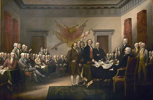 Přijetí Deklarace nezávilosti 1776 na obraze Johna Trumbulla (1819).