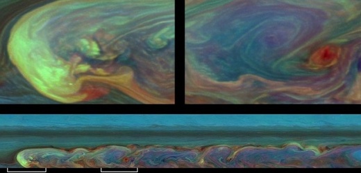 Uměle dobarvený snímek zachycuje detaily bouře na povrchu Saturnu.