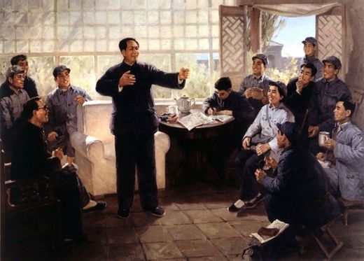Mao Ce-tung s novináři roku 1948 v pojetí malíře.