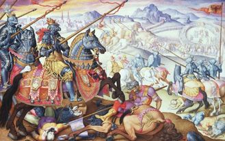 Křesťanští rytíři zahánějí mohamedány při prvním obléhání Vídně v 16. století.